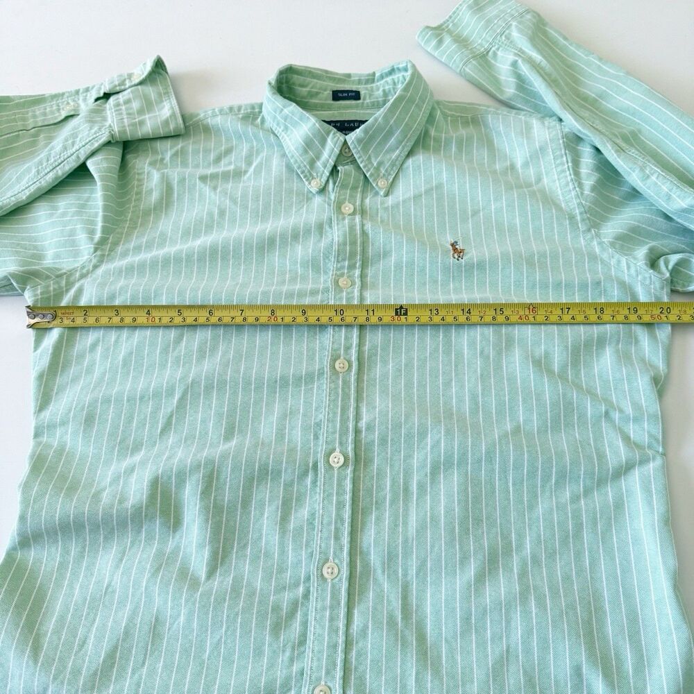 Womens Ralph Lauren Slim Fit Green Striped Flesh Pony Long Sleeve Shirt Size 12 - Picture 6 of 15